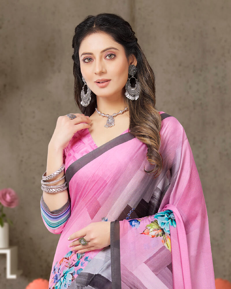 Vishal Prints Pink Digital Print Crepe Saree