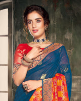 Vishal Prints Dark Teal Blue And Red Georgette Saree With Foil Print And Jari Border