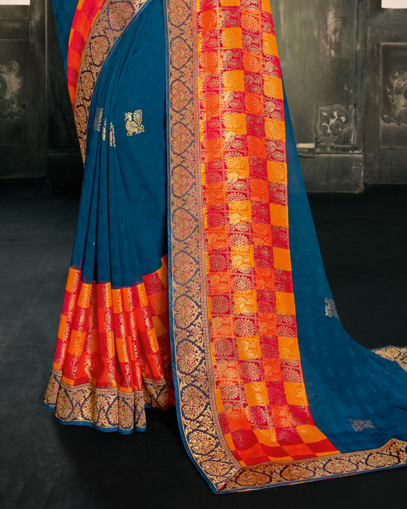 Vishal Prints Dark Teal Blue And Red Georgette Saree With Foil Print And Jari Border