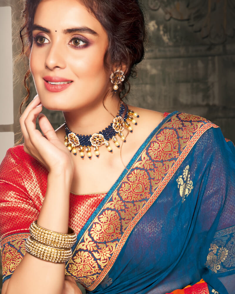 Vishal Prints Dark Teal Blue And Red Georgette Saree With Foil Print And Jari Border