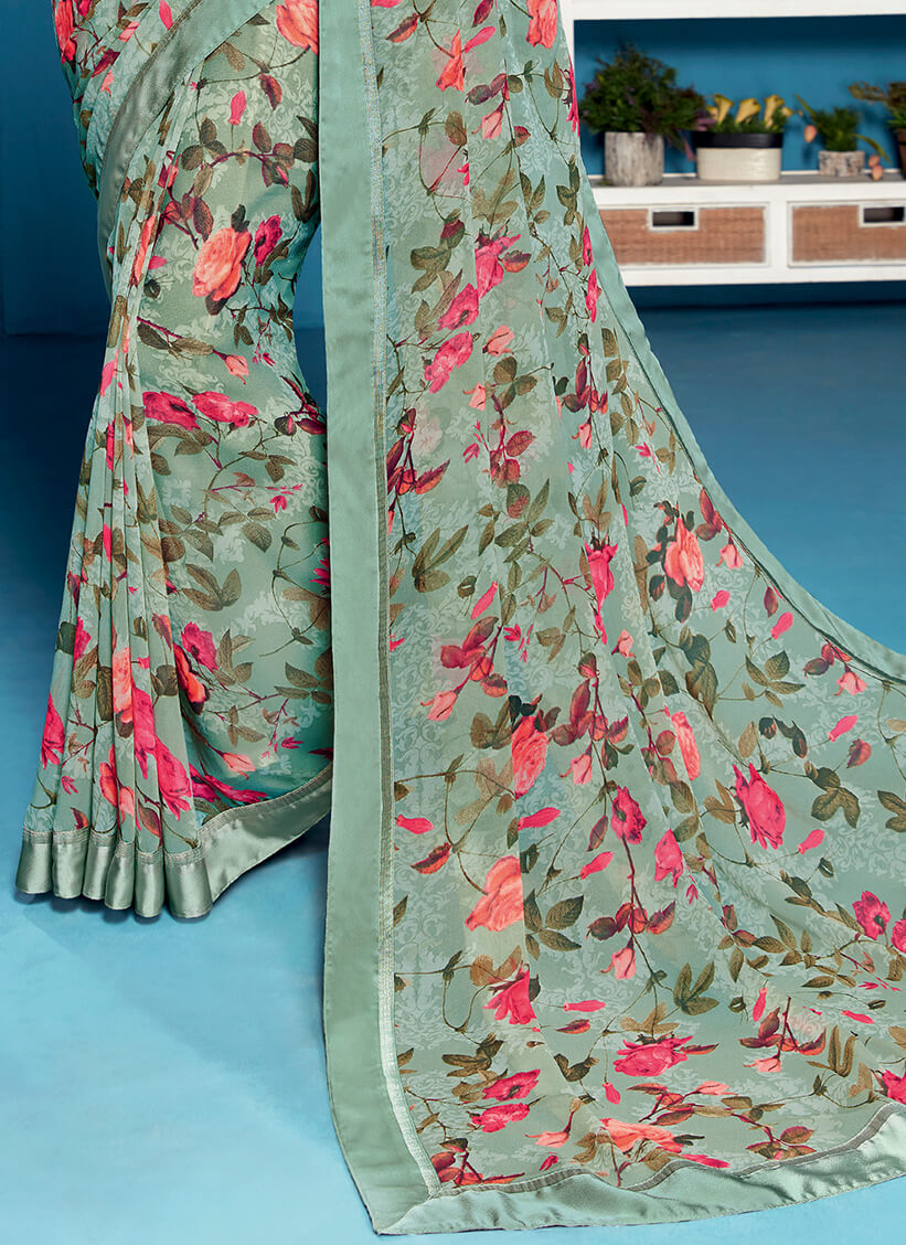 Vishal Prints Sea Green And Pink Floral Print Georgette Saree With Sat