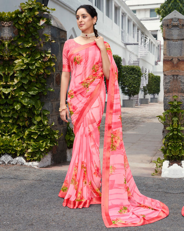 Vishal Prints Pink Floral Printed Georgette Saree With Satin Border