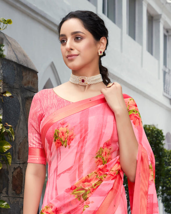Vishal Prints Pink Floral Printed Georgette Saree With Satin Border