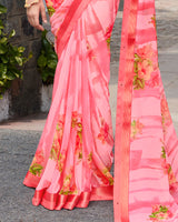 Vishal Prints Pink Floral Printed Georgette Saree With Satin Border
