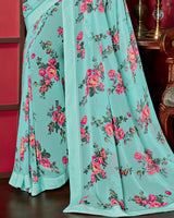 Vishal Prints Firozi Georgette Saree With Floral Print And Jari Border