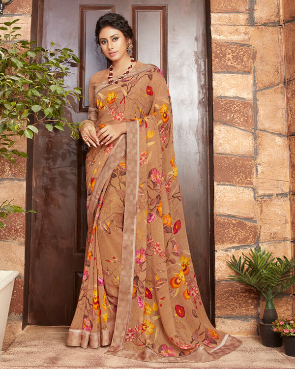 Vishal Prints Light Brown And Yellow Floral Print Georgette Saree With Satin Border