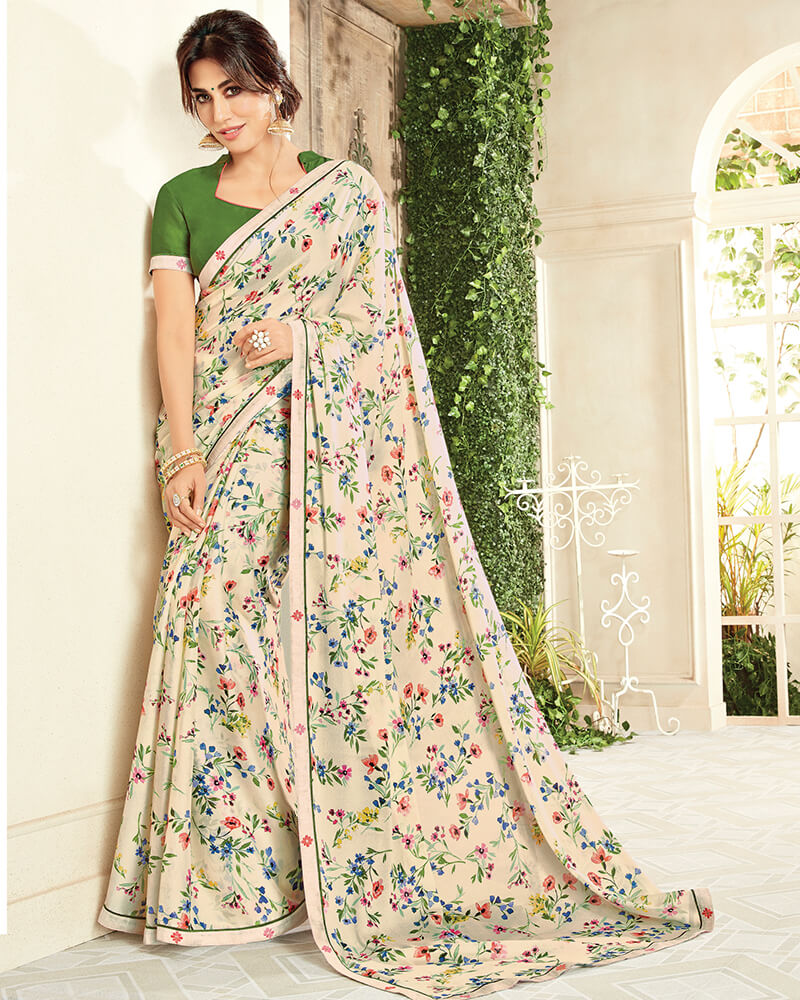 Vishal Prints Cream Chiffon Saree With Border