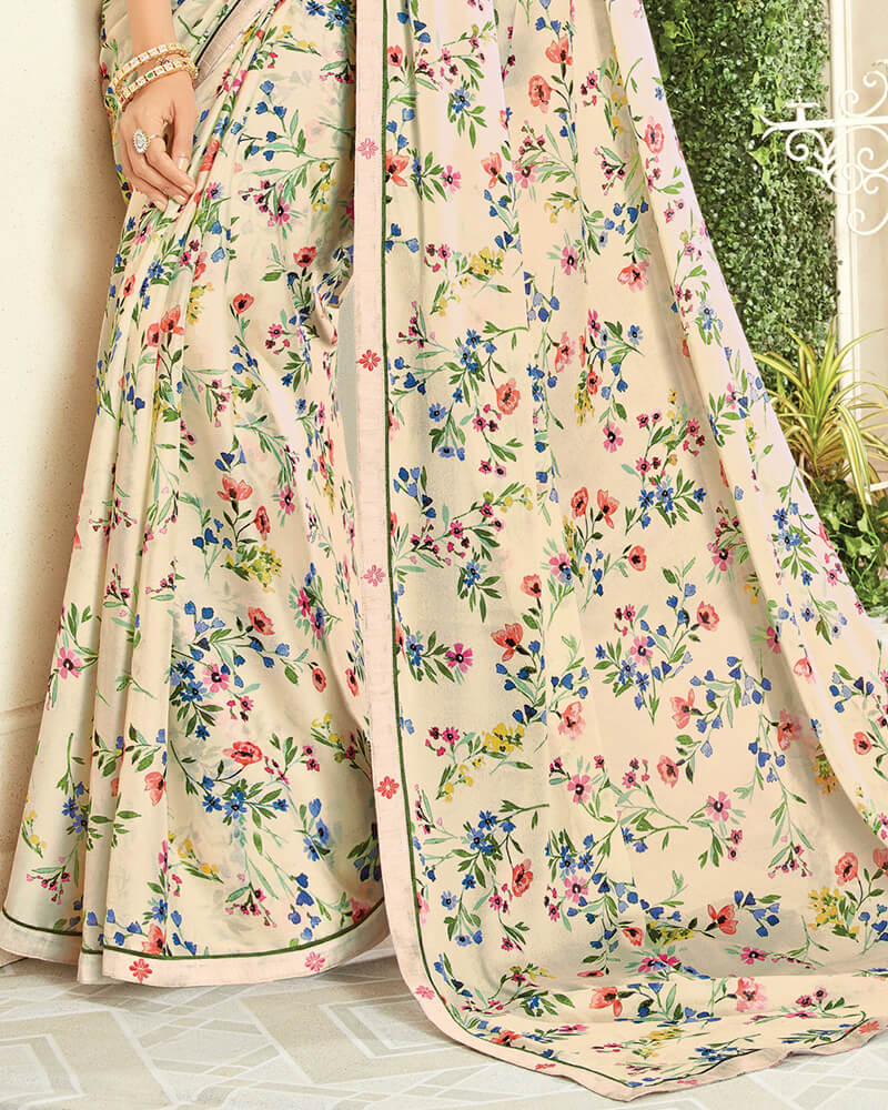 Vishal Prints Cream Chiffon Saree With Border