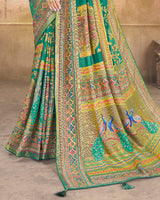 Vishal Prints Teal Green Brasso Saree With Foil Print And Tassel