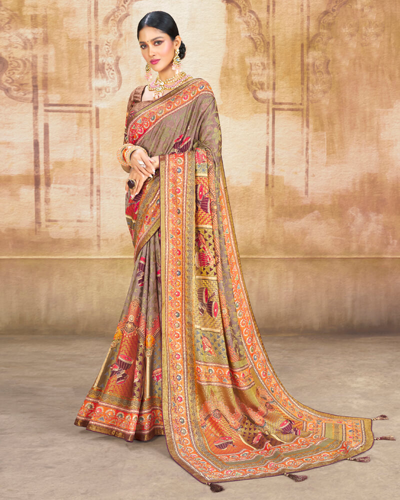 Vishal Prints Pastel Brown Brasso Saree With Foil Print And Tassel