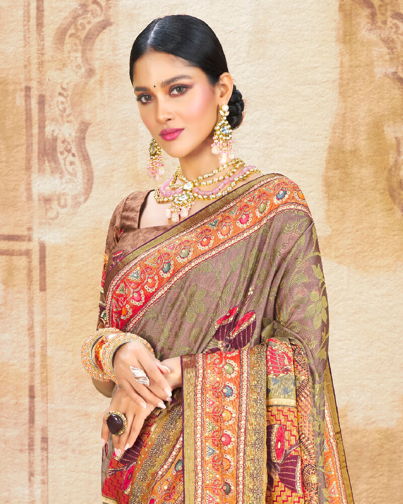 Vishal Prints Pastel Brown Brasso Saree With Foil Print And Tassel