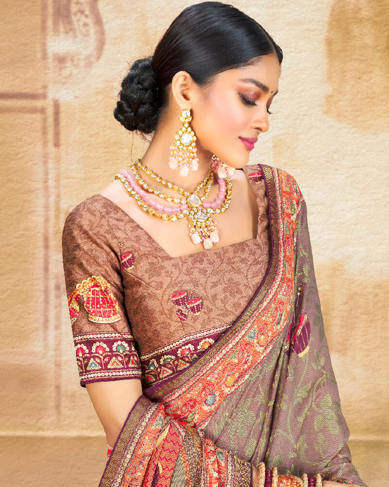 Vishal Prints Pastel Brown Brasso Saree With Foil Print And Tassel