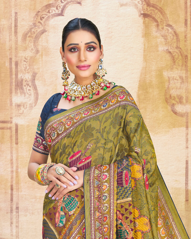 Vishal Prints Light Mehandi Green Brasso Saree With Foil Print And Tassel