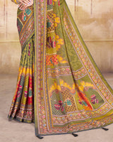 Vishal Prints Light Mehandi Green Brasso Saree With Foil Print And Tassel