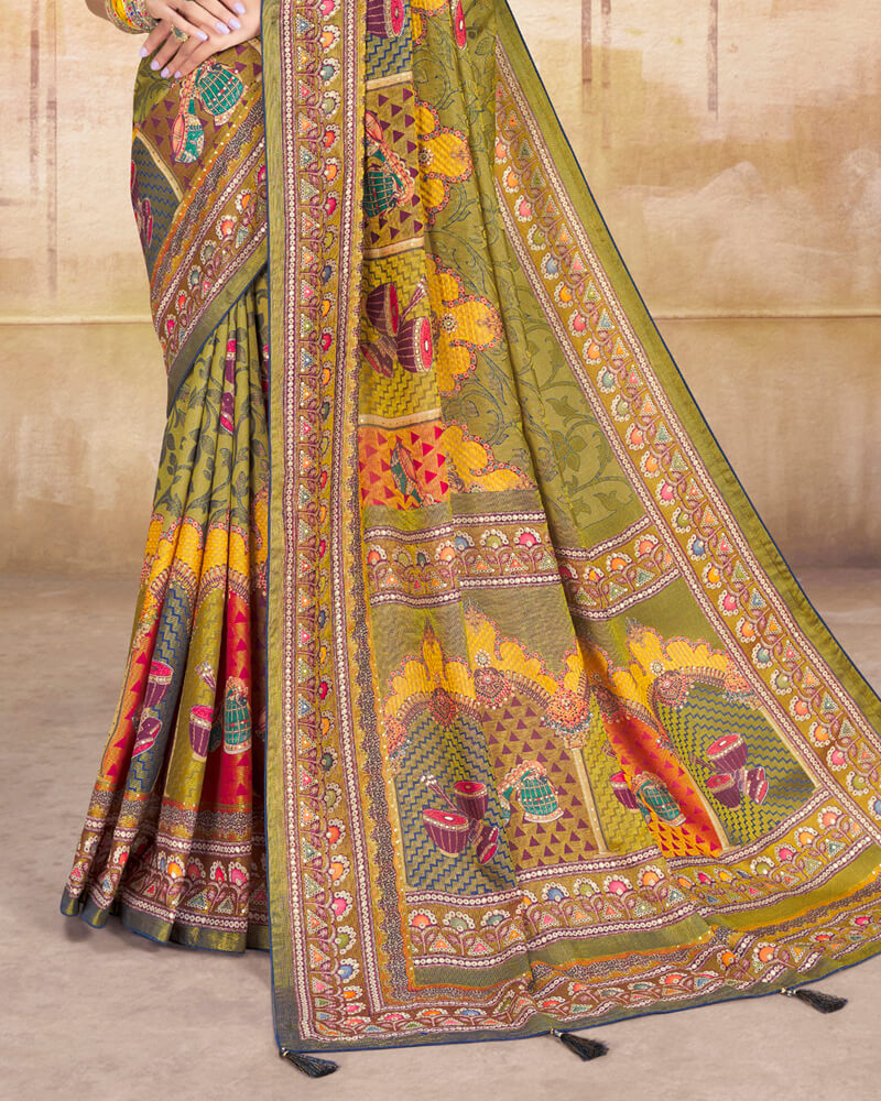 Vishal Prints Light Mehandi Green Brasso Saree With Foil Print And Tassel