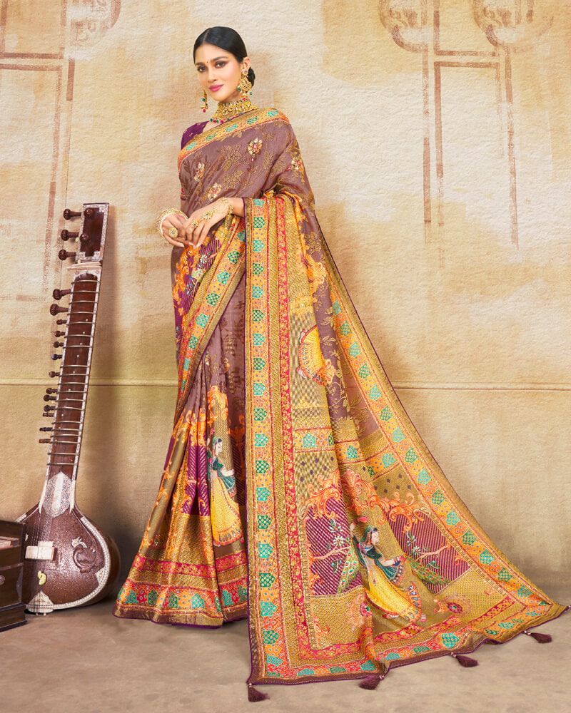 Vishal Prints Light Mauve Brasso Saree With Foil Print And Tassel