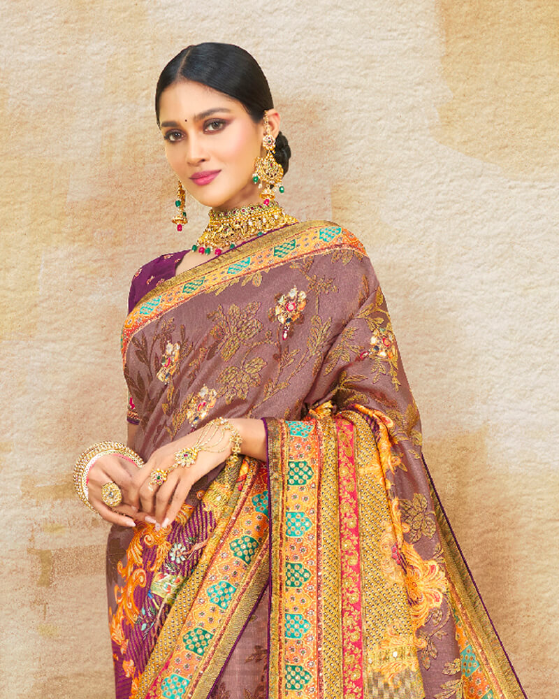 Vishal Prints Light Mauve Brasso Saree With Foil Print And Tassel