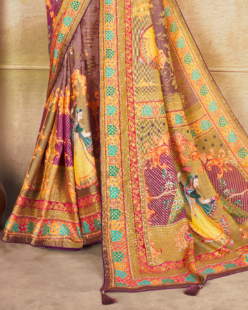 Vishal Prints Light Mauve Brasso Saree With Foil Print And Tassel