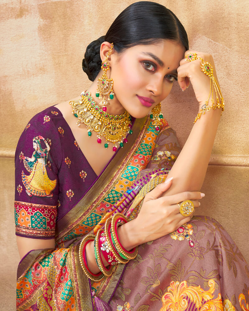 Vishal Prints Light Mauve Brasso Saree With Foil Print And Tassel