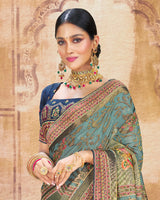 Vishal Prints Pastel Teal Green Brasso Saree With Foil Print And Tassel