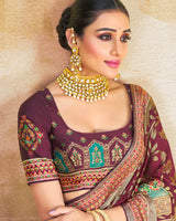 Vishal Prints Maroon Brasso Saree With Foil Print And Tassel