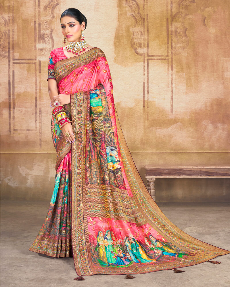 Vishal Prints Pastel Red Brasso Saree With Foil Print And Tassel
