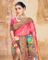 Vishal Prints Pastel Red Brasso Saree With Foil Print And Tassel