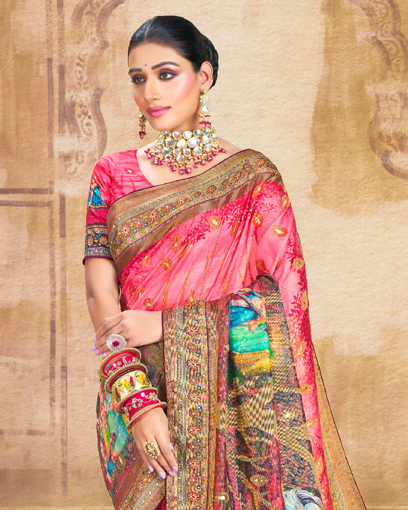 Vishal Prints Pastel Red Brasso Saree With Foil Print And Tassel