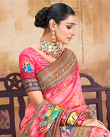 Vishal Prints Pastel Red Brasso Saree With Foil Print And Tassel