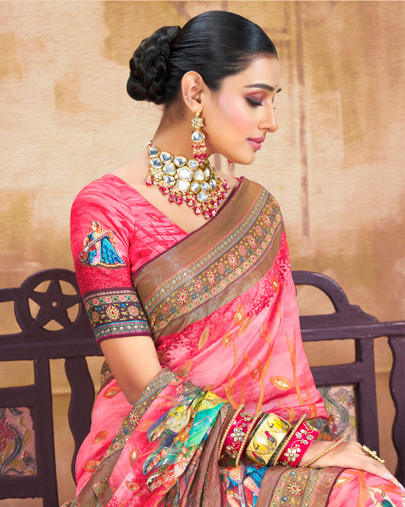 Vishal Prints Pastel Red Brasso Saree With Foil Print And Tassel