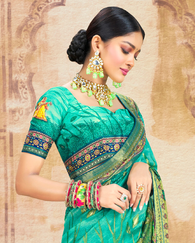 Vishal Prints Aqua Green Brasso Saree With Foil Print And Tassel