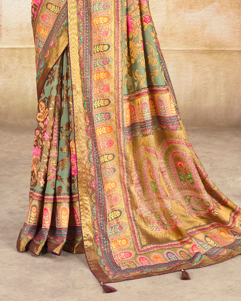 Vishal Prints Mist Green Brasso Saree With Foil Print And Tassel
