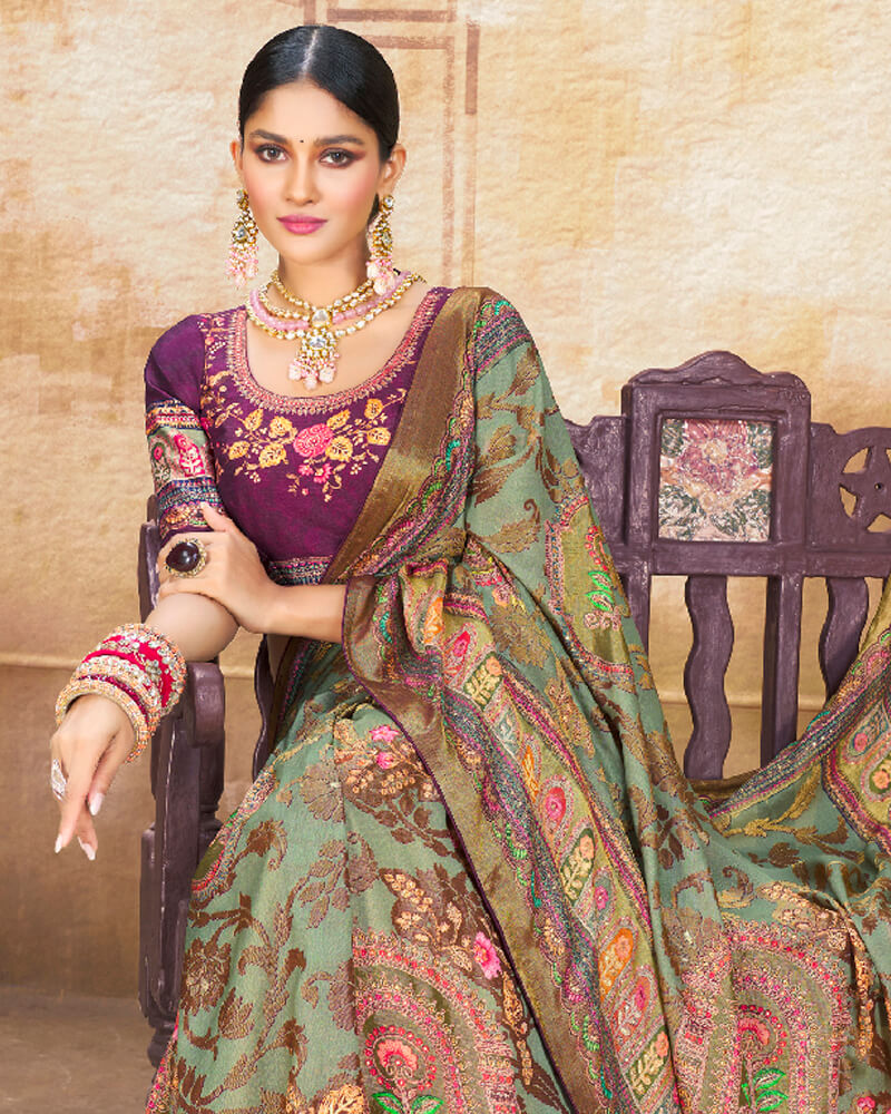 Vishal Prints Mist Green Brasso Saree With Foil Print And Tassel