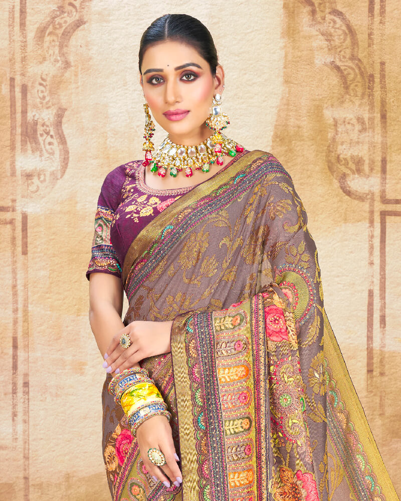 Vishal Prints Light Mauve Brasso Saree With Foil Print And Tassel