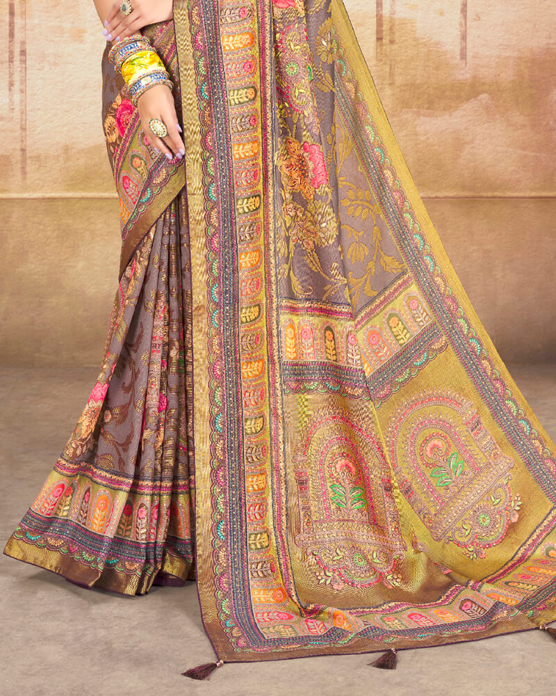 Vishal Prints Light Mauve Brasso Saree With Foil Print And Tassel