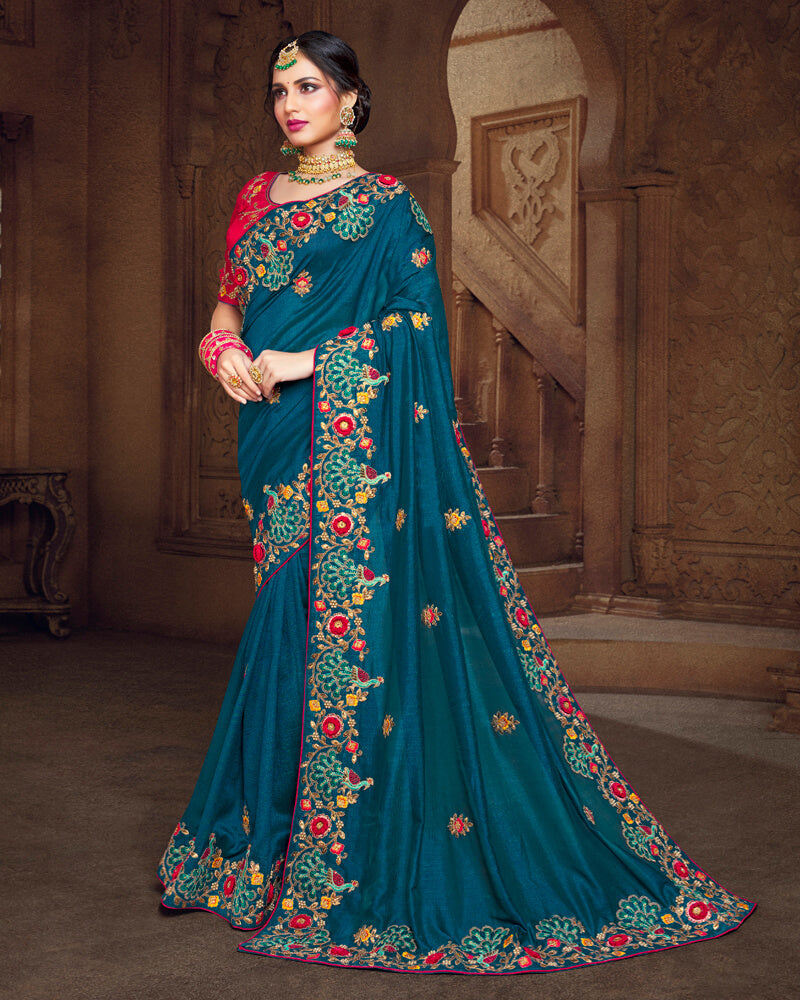 Vishal Prints Peacock Blue Art Silk Saree With Embroidery Work