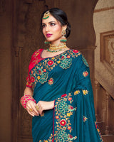 Vishal Prints Peacock Blue Art Silk Saree With Embroidery Work