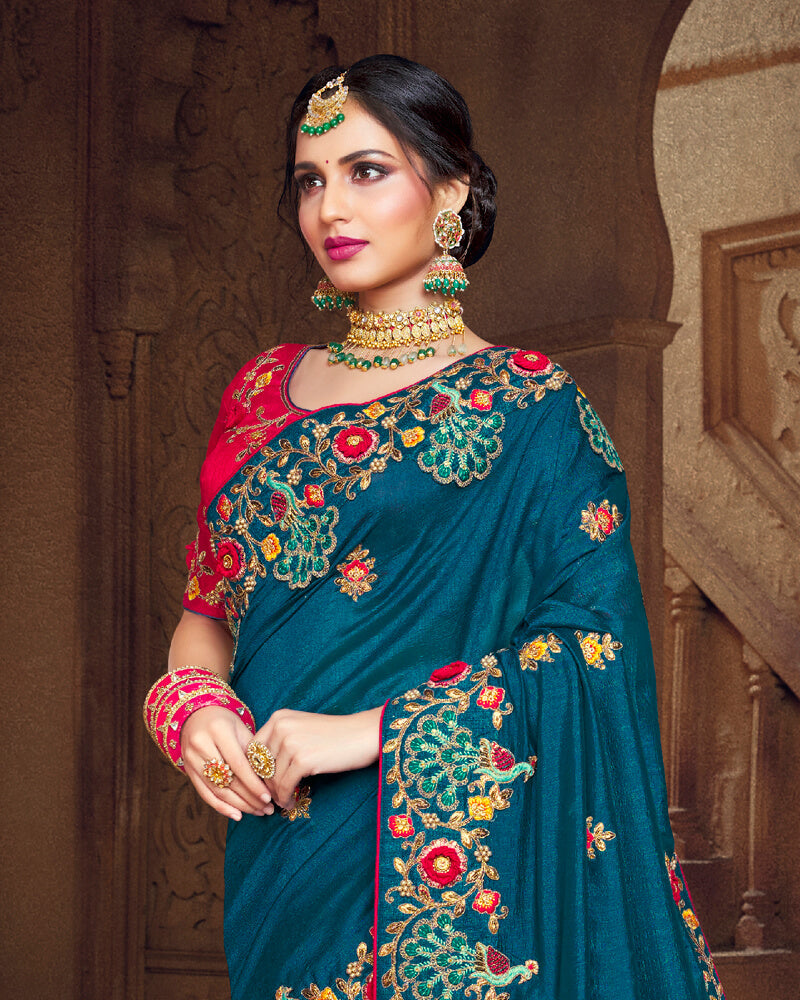 Vishal Prints Peacock Blue Art Silk Saree With Embroidery Work