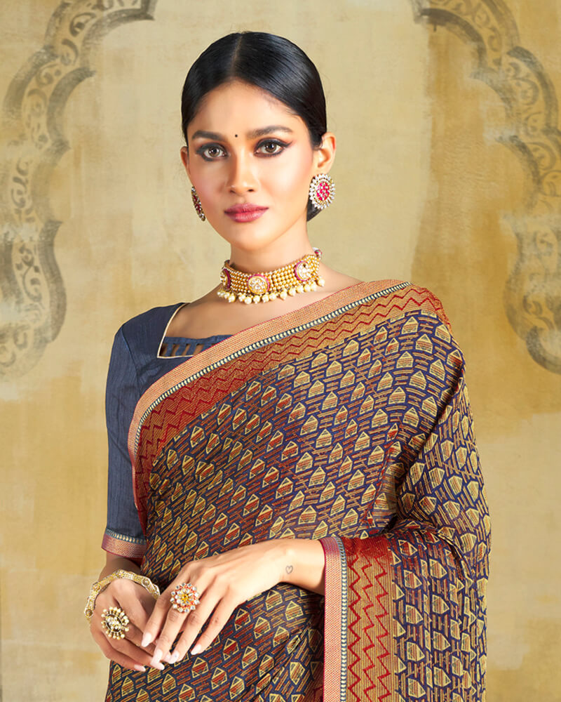 Vishal Prints Pastel Blue Brasso Saree With Zari Piping