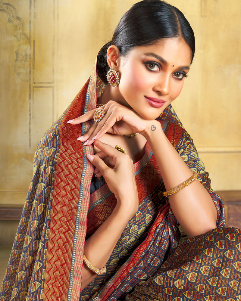 Vishal Prints Pastel Blue Brasso Saree With Zari Piping