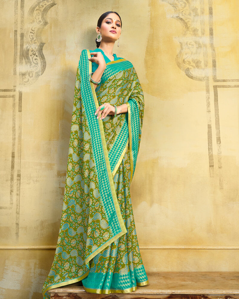 Vishal Prints Olive Green Brasso Saree With Zari Piping