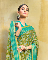 Vishal Prints Olive Green Brasso Saree With Zari Piping