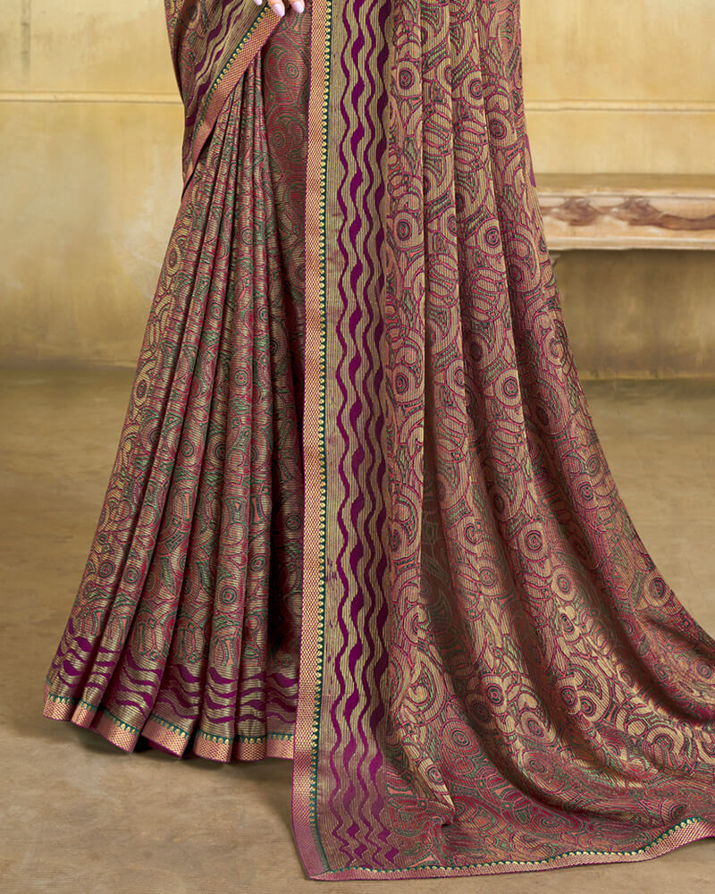 Vishal Prints Wine Brasso Saree With Zari Piping