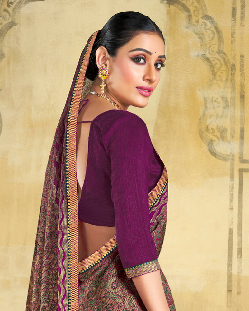 Vishal Prints Wine Brasso Saree With Zari Piping