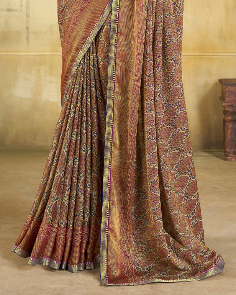 Vishal Prints Wine Brasso Saree With Zari Piping