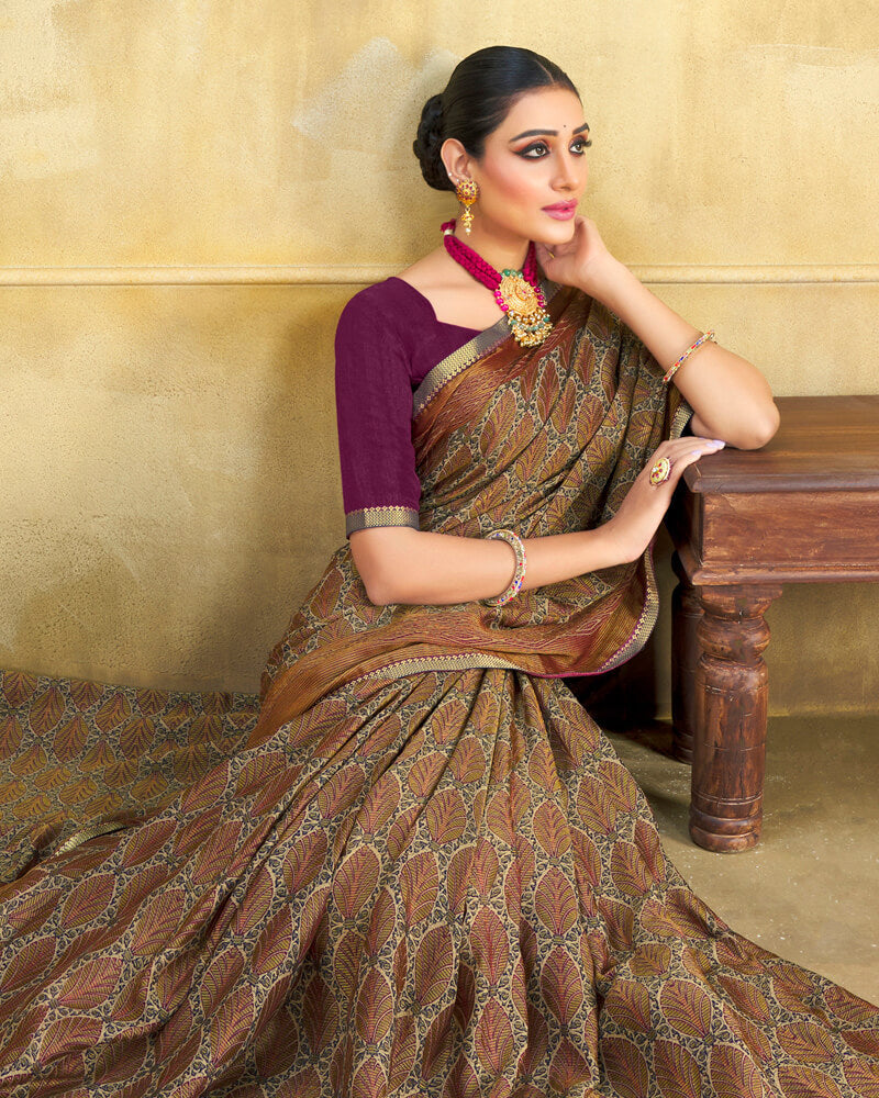 Vishal Prints Wine Brasso Saree With Zari Piping