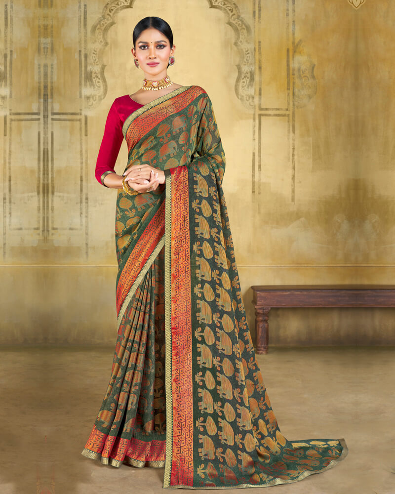 Vishal Prints Deep Sea Green Brasso Saree With Zari Piping