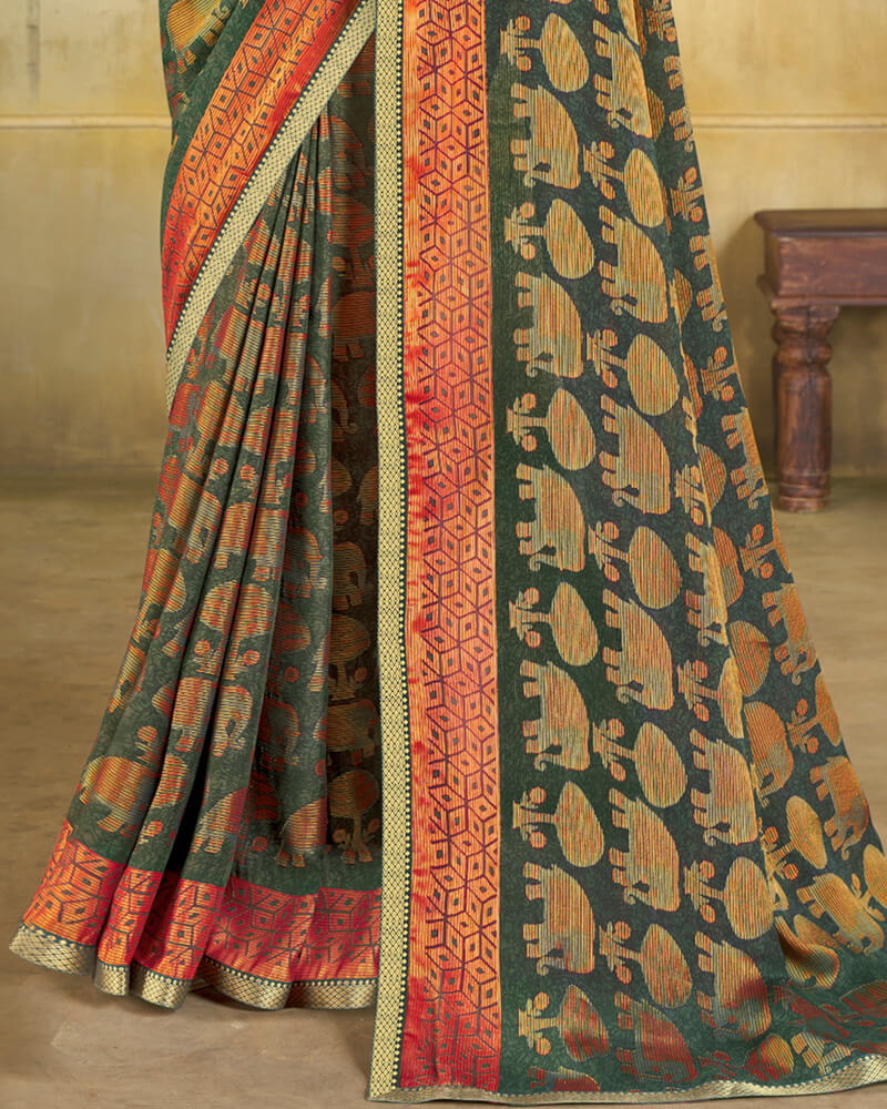 Vishal Prints Deep Sea Green Brasso Saree With Zari Piping