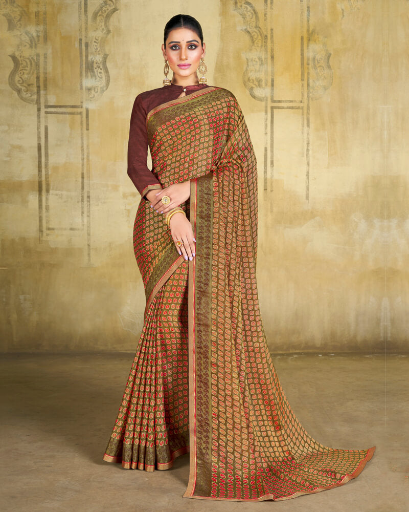 Vishal Prints Moss Green Brasso Saree With Zari Piping