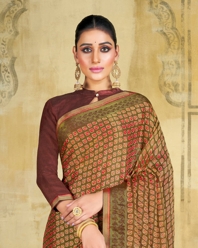 Vishal Prints Moss Green Brasso Saree With Zari Piping